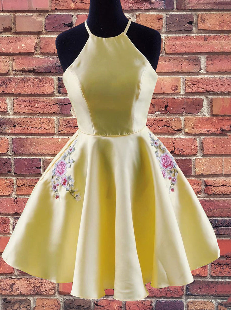 A-line Halter Yellow Homecoming Dress With Embroidered Pockets OM463 A-line Halter Yellow Homecoming Dress With Embroidered Pockets OM463