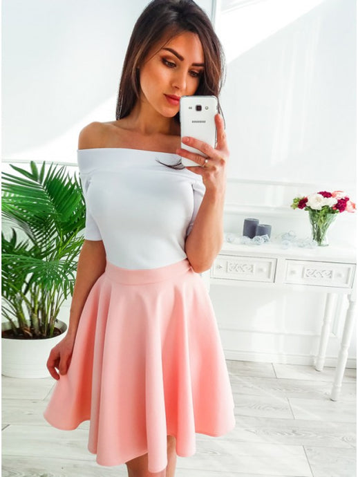 Off-Shoulder Short Sleeves Short Pink Homecoming Party Dress OM368