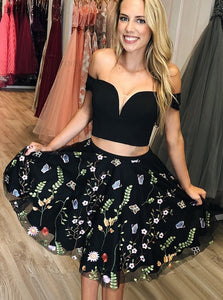 Off-Shoulder Floral Embroidered Black Short Prom Dress Two Pieces Homecoming Dress OM307
