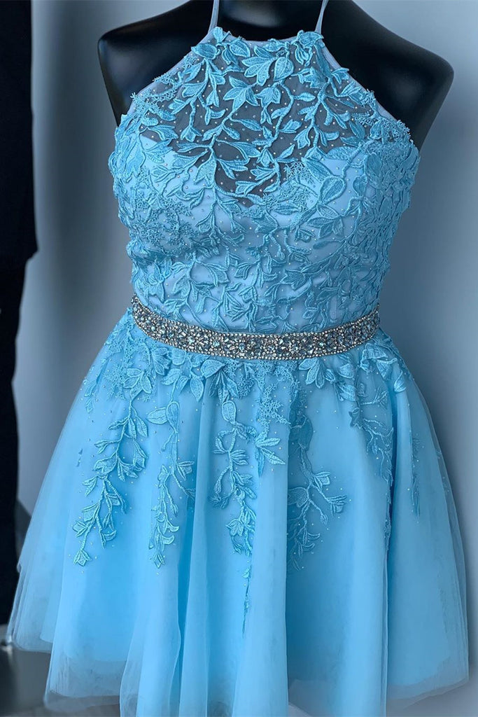 Tulle Lace Appliques Beading Short Homecoming Dress with Lace-Up OM462