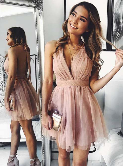 Simple Blush Homecoming Dress A-Line Backless Semi Formal Party Dress OM452