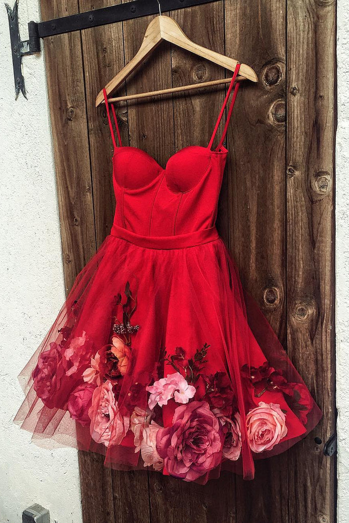 Spaghetti-straps Red Short Prom Dress 3D Applique Homecoming Dress OM3 Spaghetti-straps Red Short Prom Dress 3D Applique Homecoming Dress OM3