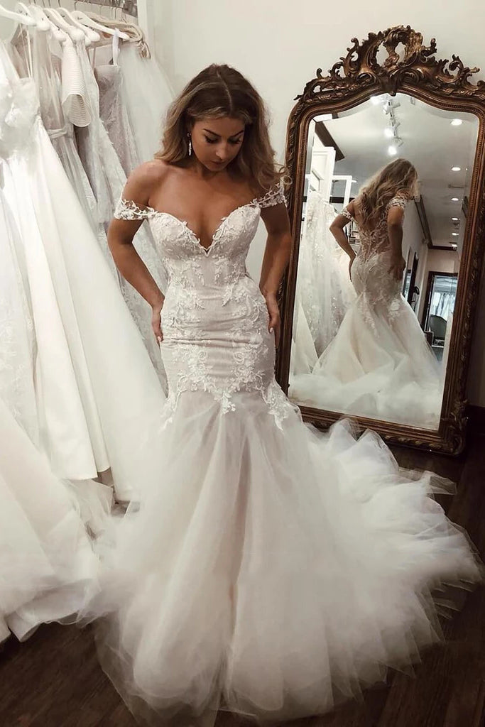 Stunning Off Shoulder Mermaid Lace Applique Wedding Dress With Tulle Skirt OW536