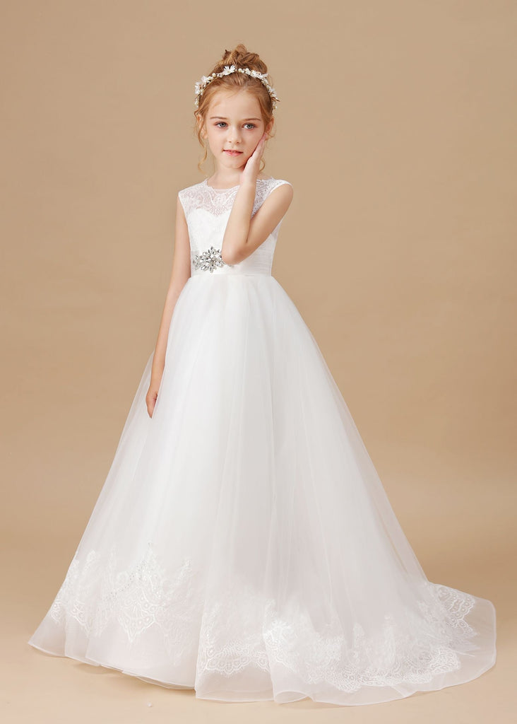 Tulle Satin Sleevelesss Lace Long Flower Girl Dresses