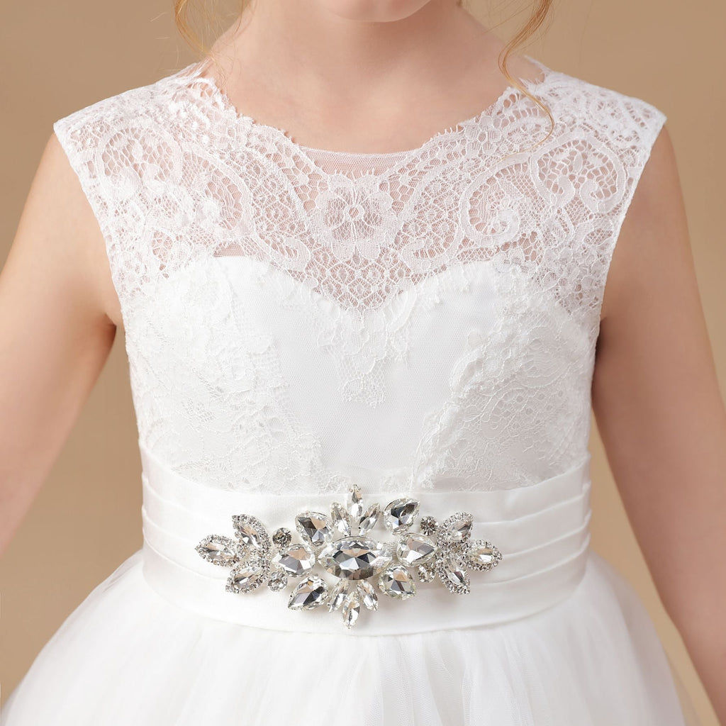 Tulle Satin Sleevelesss Lace Long Flower Girl Dresses