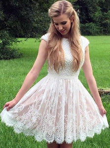 Cap Sleeves Ivory Bateau Lace Short Prom Dress With Pearls Party Dress OC106