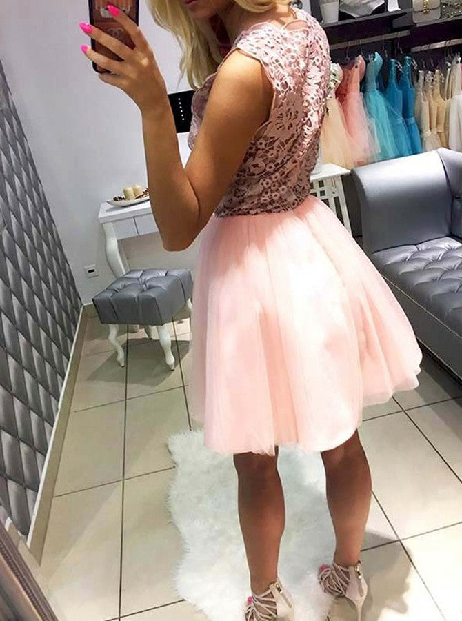 Pink Tulle A-Line V-Neck Lace Short Prom Dress