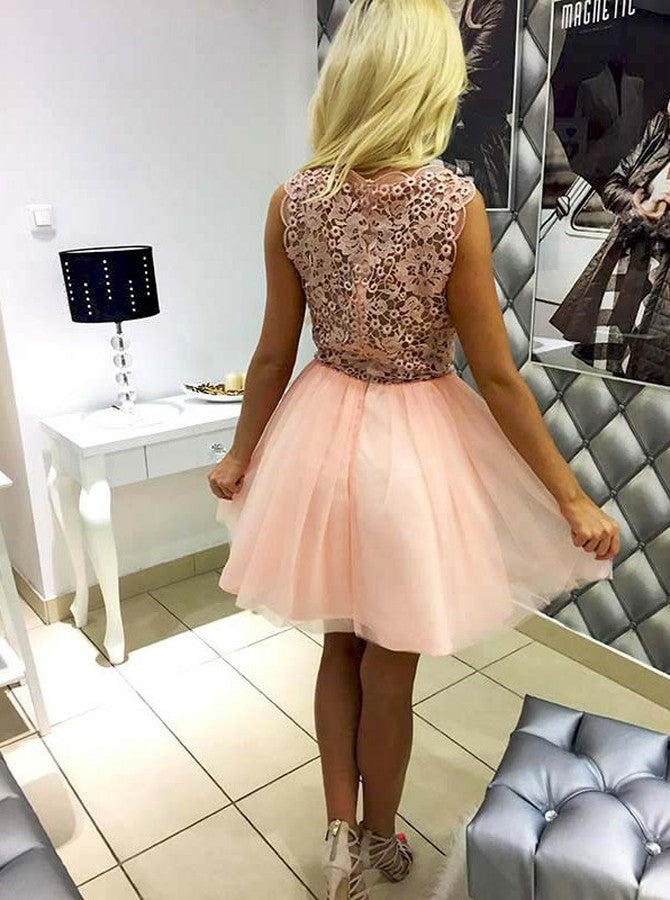 Pink Tulle A-Line V-Neck Lace Short Prom Dress