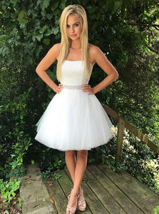 Cute A-Line Strapless Beading Waist Tulle Little White Dress OC126