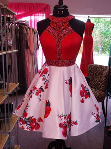 Red Pink A-Line Jewel Floral Print Satin Beading Short Prom Dress OC118
