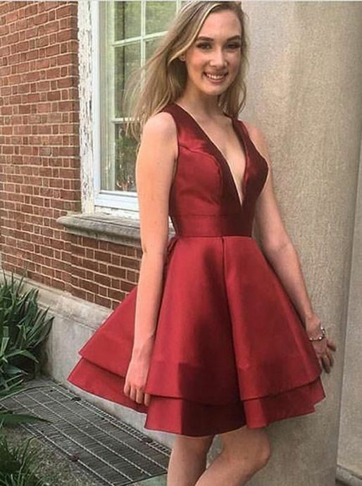Sexy Burgundy A-Line Plunging Neckline Layers Satin Short Prom Dress OC133
