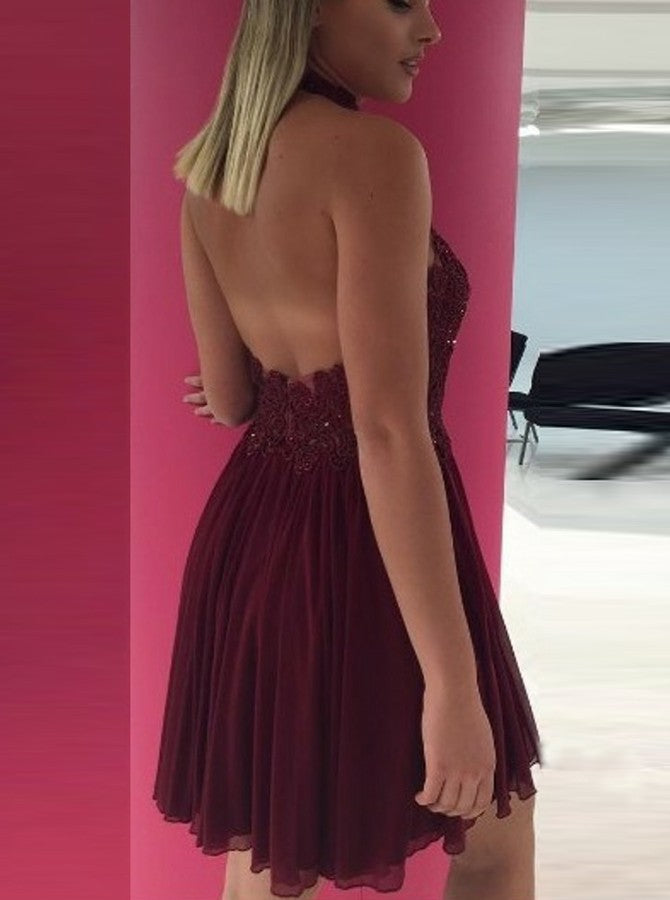 Maroon Backless Halter Chiffon Short Evening Party Dress With Appliques OC134