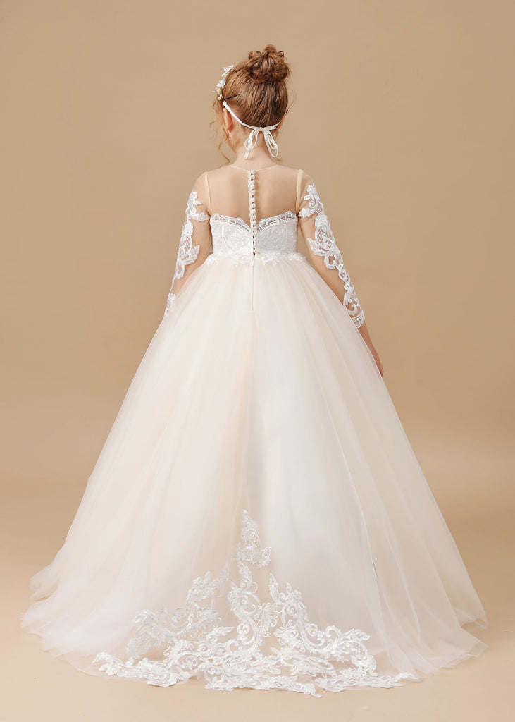 Floor-length Tulle Satin Long Sleeves Lace Flower Girl Dresses