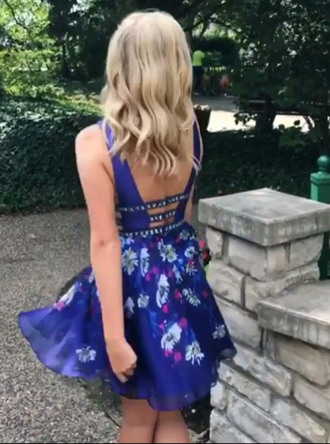 Royal Blue Plunging Neck Floral Print Backless Party Dress With Beading OP235