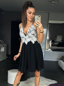 Spaghetti Straps Black Chiffon Cocktail Dress With Lace Appliques OM109