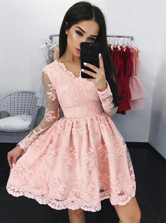 Lace Long Sleeves Pink Tulle Graduation Party Dress OP168