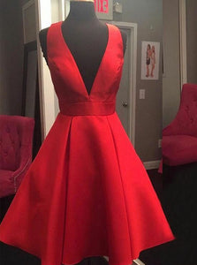 Plunging Neckline Open Back Short Satin Red Cocktail Party Dress With Bowknot OC108