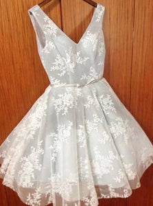 A-line V Neck Lace Short Prom Dress, Short Graduation Homecoming Dress OM437