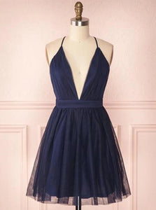 Navy Blue Short Prom Dress Spaghetti V-neck Tulle Homecoming Dresses OM432