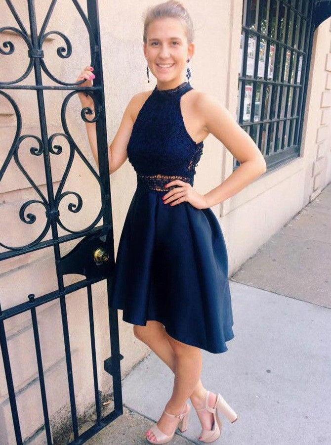 Navy Blue High Neck Asymmetrical Lace Bodice Satin Homecoming Dress OC Navy Blue High Neck Asymmetrical Lace Bodice Satin Homecoming Dress OC