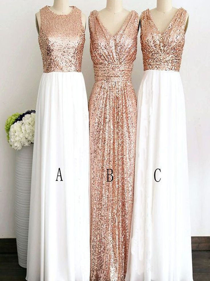Round/V-neck A/B/C Rose Gold Pattern Long Sequins Bridesmaid Dress OB135