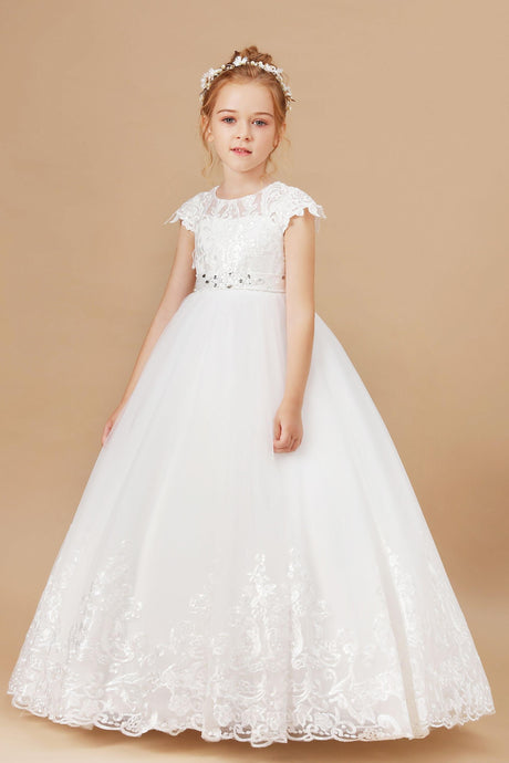 Ivory  Lace Satin Princess Dress Flower Girl Dress With Bowknot