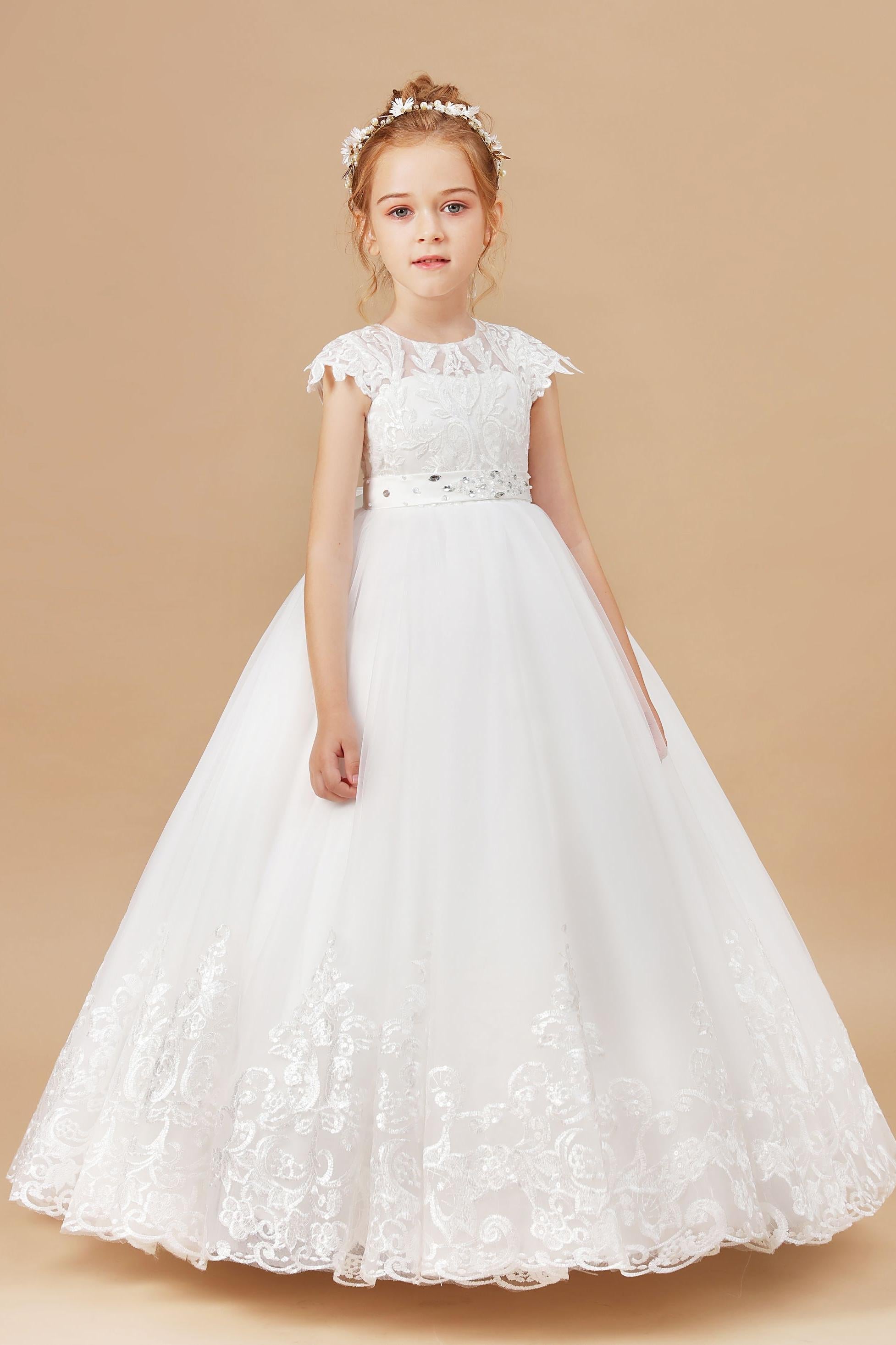 Ivory  Lace Satin Princess Dress Flower Girl Dress With Bowknot
