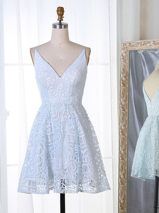 A-Line Spaghetti V-neck Short Prom Dress Lace Homecoming Dress OM301