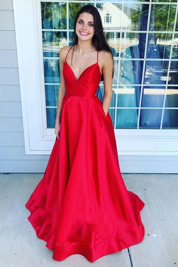 A Line V Neck Red Backless Prom Dresses with Pockets Formal Evening Dr