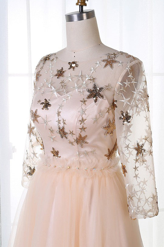 A-Line Bateau 3/4 Sleeves Stars Embroideried Tulle Homecoming Dress OM302
