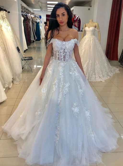 Elegant Off The Shoulder Tulle Wedding Dresses, Appliqued Bridal Gown OW614