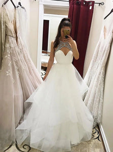 Gorgeous A-line White Tulle Beaded Long Prom Wedding Dresses OW643
