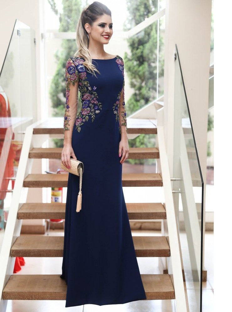 Long Sleeves Navy Blue Mermaid Prom Dresses Long Formal Dresses PO302 Long Sleeves Navy Blue Mermaid Prom Dresses Long Formal Dresses PO302
