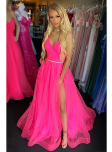Fuchsia Backless Long Prom Dresses With Split Tulle Graduation Gown PO364