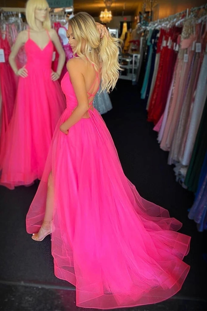 Fuchsia Backless Long Prom Dresses With Split Tulle Graduation Gown PO364