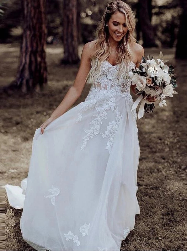 Rustic A-line Sweetheart Boho Wedding Dresses With Lace Appliques Rustic A-line Sweetheart Boho Wedding Dresses With Lace Appliques