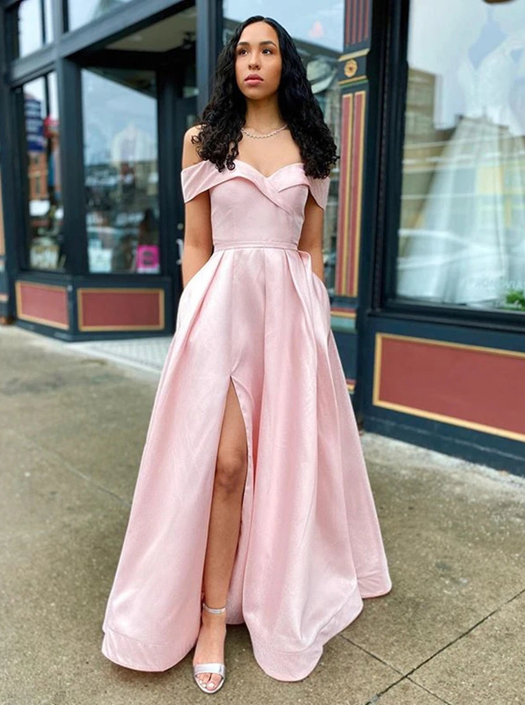 Off Shoulder Long Prom Dresses, Simple Evening Dresses With Pockets PO Off Shoulder Long Prom Dresses, Simple Evening Dresses With Pockets PO