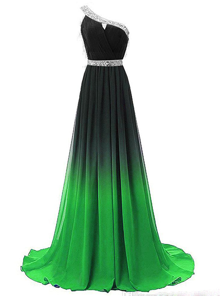 One Shoulder Chiffon Ombre Prom Dresses Beaded Gradient Formal Party Gowns PO120