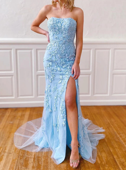 Strapless Mermaid Prom Dresses, Long Sky Blue Formal Evening Dresses PO412