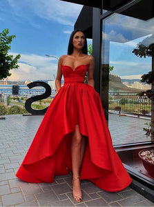 Sweetheart Red Satin Hi-lo Prom Gown Dress with Pockets PO224