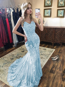Spaghetti Mermaid Lace Prom Dresses, Sky Blue Lace Formal Evening Dresses PO413