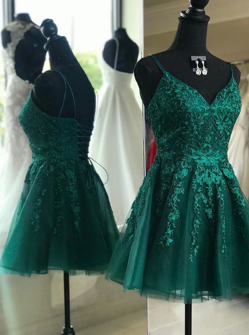 A-line V-neck Emerald Green Homecoming Dress, Backless Short Prom Dresses OM559