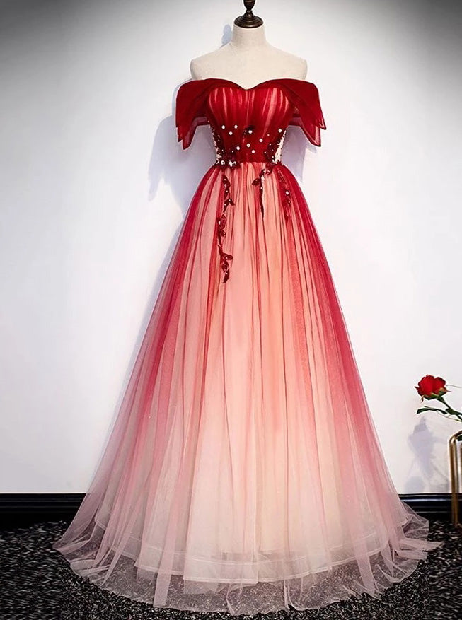 Princess Off-Shoulder Tulle Red Long Prom Dresses Lace Up Party Gown M