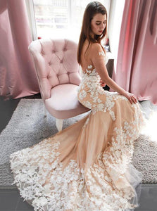 Sexy See Through Backless Tulle Mermaid Wedding Dresses With Appliques OW652