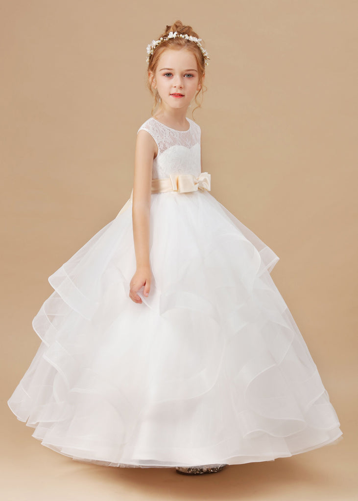 Ruffled Satin Ivory Multi-layered Tulle Flower Girl Dress With Champagne Bow