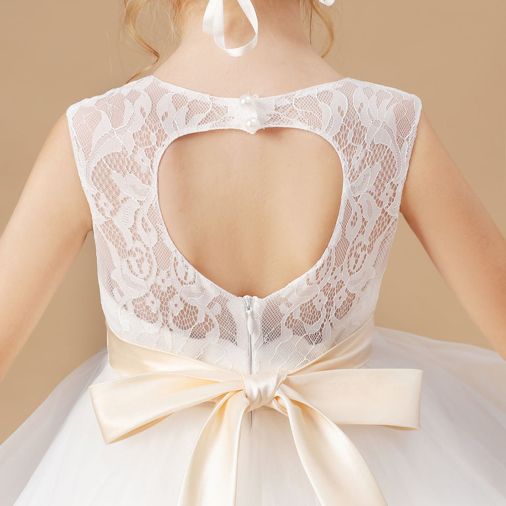 Ruffled Satin Ivory Multi-layered Tulle Flower Girl Dress With Champagne Bow