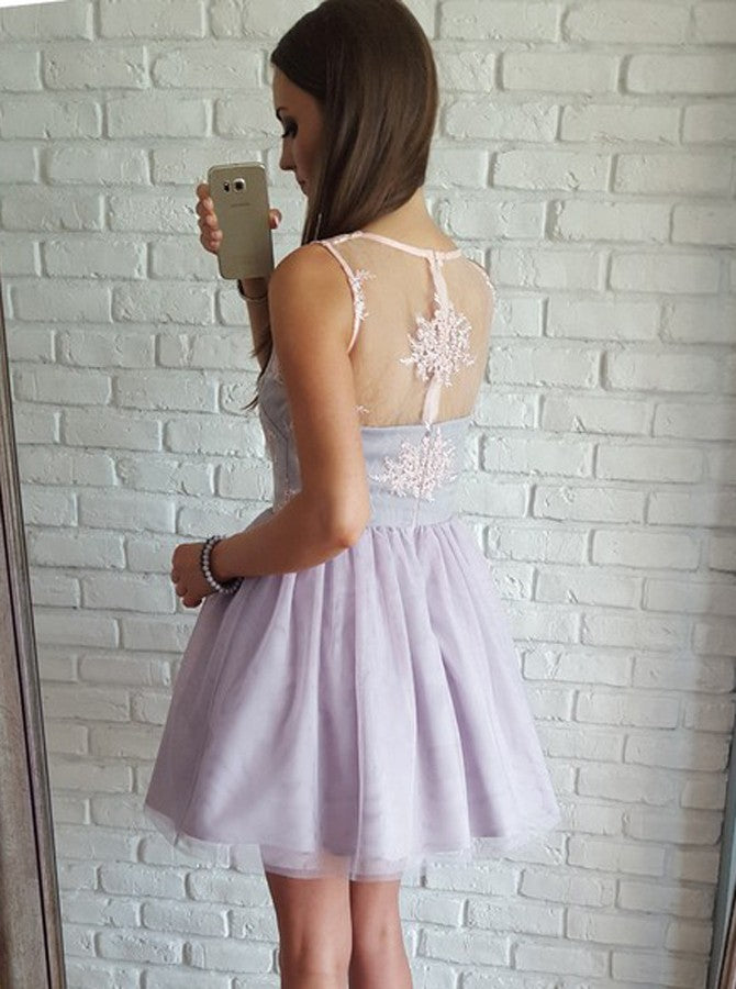 A-Line V-Neck Lavender Tulle Short/Mini Prom Dress With Pink Lace OC111