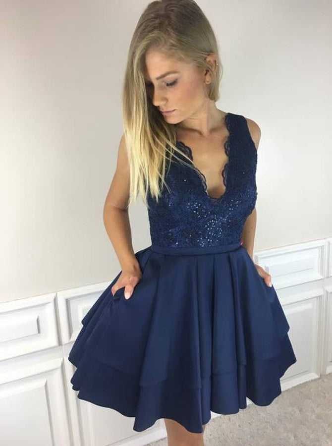 A-Line Navy Blue V-Neck Short/Mini Lace Satin Prom Dress With Pockets