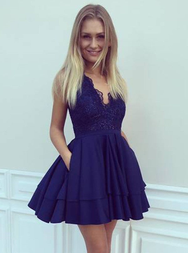 A-Line Navy Blue V-Neck Short/Mini Lace Satin Prom Dress With Pockets A-Line Navy Blue V-Neck Short/Mini Lace Satin Prom Dress With Pockets