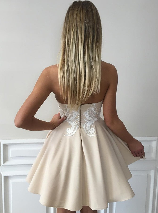 Beige A-Line Sweetheart Short Satin Prom Dress With Appliques OC114